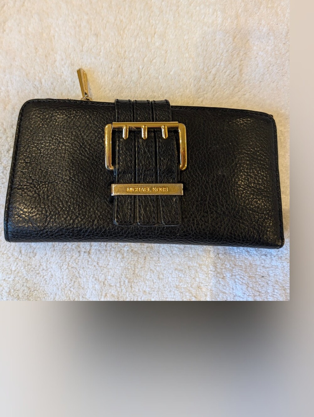Michael Kors Black Pebbled Leather Buckle Bifold Continental Wallet Gold